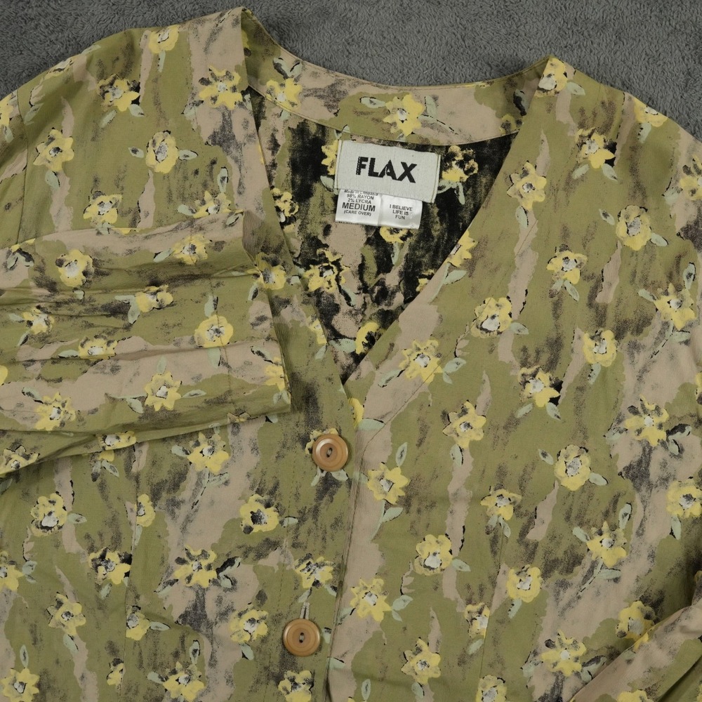 FLAX Button Up Top Womens M Green Floral Art to Wear Lagenlook‎ Rayon Blouse